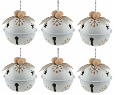 Jingle Bells 5 cm, 6 pcs, White with Gold print