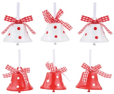 Hanging Bells red/white w/dots 4,5 cm, 6 pcs