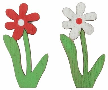 Wooden flowers white and red 2 x 3.5 x 0.3 cm with sticker, 24 pcs in a box