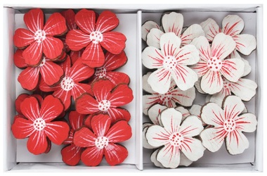 Wooden flowers red and white 2.5 x 2.5 x 0.3 cm with sticker, 24 pcs in a box