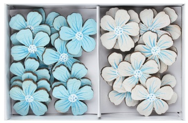 Wooden Flowers light blue and white 2.5 x 2.5 x 0.3 cm with sticker, 24 pcs in a box