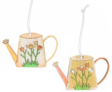 Wooden Watering Can yellow 6.5 x 4 x 0.5 cm for hanging, 8 pcs in a box