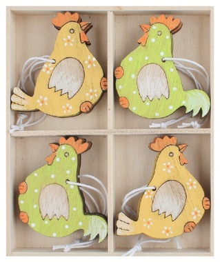 Wooden Rooster 6 x 5.5 x 0.5 cm for hanging, 8 pcs in a box