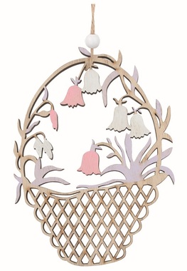 Carved Basket with purple Flowers wooden 11 x 15 x 0.5 cm for hanging