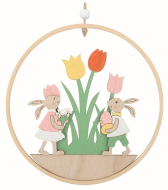 Easter decoration Bunnies in a circle wooden 16 x 16 x 1 cm on hanger