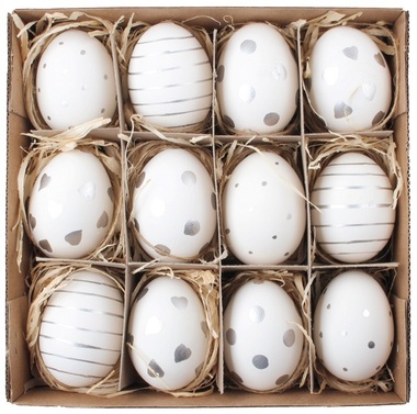 Plastic Eggs with Silver Deco 6 cm, 12 pcs in Box 