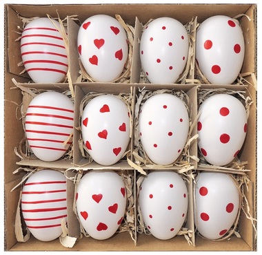 Plastic Eggs with Red Deco 6 cm, 12 pcs in Box 