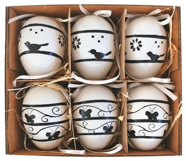 Plastic Eggs with Black Decor for hanging, 6 cm, 6 pcs in a Box