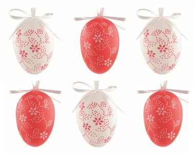 Easter Eggs plastic Flowers red and white 4 cm for hanging, 6 pcs in a bag