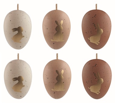 Easter Eggs plastic Golden bunnies on brown 6 cm for hanging, 6 pcs in a bag