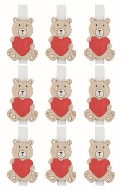 Wooden Bear with Heart on peg 2 x 3 x 0.2 cm, 9 pcs in a bag