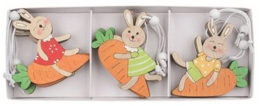 Bunnies and carrots wooden 5.5 x 6 x 0.5 cm on hanger, 6 pcs in a Box