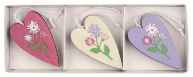 Wooden Heart with motif Flowers 3.5 x 6 x 0.5 cm on hanger, 6 pcs in a Box