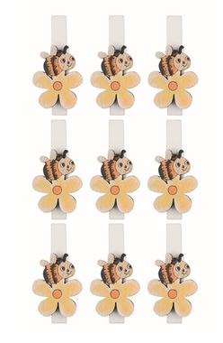 Bee on a Flower yellow wooden 2 x 2.5 x 0.3 cm on a peg, 9 pcs in a bag