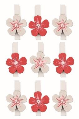 Red and White wooden Flower 2.5 x 2.5 x 0.3 cm on a clip, 9 pcs in a bag