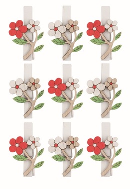 Wooden Flowers 3 × 3 × 0.3 cm, on clip, 9 pcs in a bag
