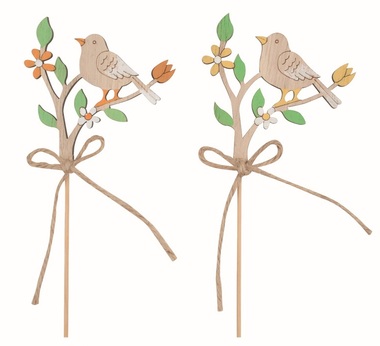 Wooden Bird on a Branch 6 x 7 x 0.5 cm + stick