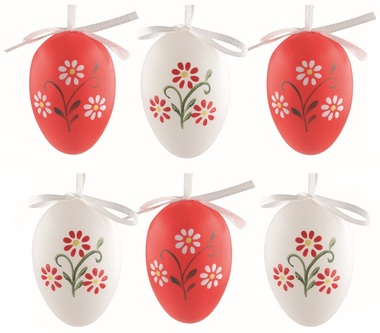 Easter plastic Eggs, Flowers red and white 6 cm, for hanging, 6 pcs in a bag