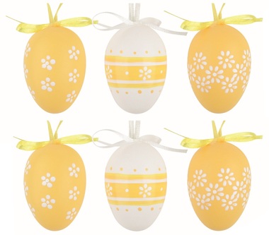 Easter Eggs plastic Yellow flowers 6 cm for hanging, 6 pcs in a bag