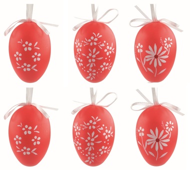 Easter Eggs plastic red Flowers 6 cm for hanging, 6 pcs in a bag