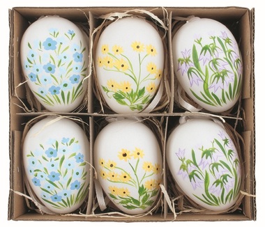 Set of Easter plastic Eggs painted Flowers 6 cm for hanging, 6 pcs in box
