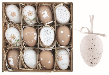 Set of Easter plastic Eggs White and cream 6 cm for hanging, 12 pcs in a box